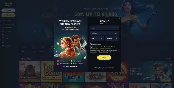 Enter your email address on Golden Star Casino sign-up form, choose your country, currency 