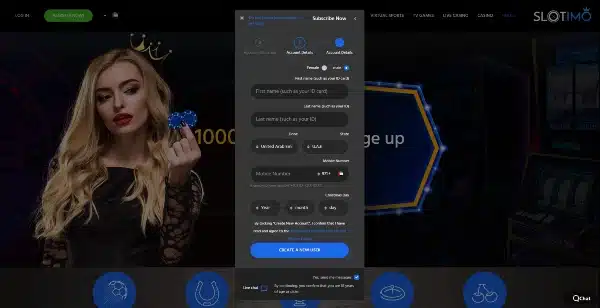 Enter your phone number and currency on Slotimo Casino