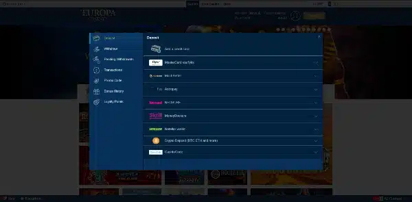 Make a Deposit on Europa Casino