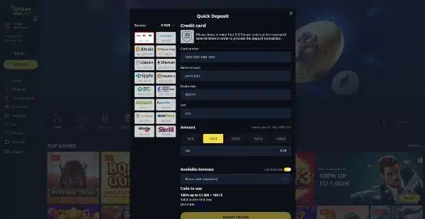 select a payment method to make a minimum deposit on Golden Star Casino